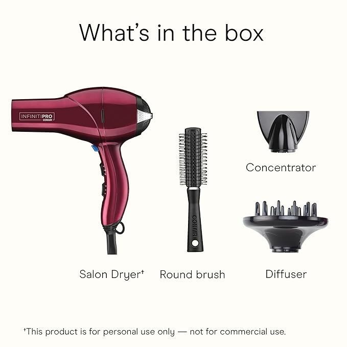 Infiniti PRO CONAIR Hair Dryer with Diffuser, Professional AC Motor, Tourmaline Ceramic Technology Blow Dryer, Includes Concentrator and Blowout Brush, Amazon Exclusive, Burgundy