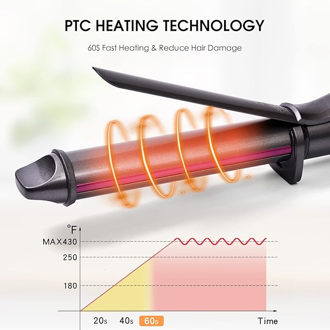 1 1/4 Inch Curling Iron, Ceramic Coated Hair Curling Wand, Rapid 430°F Heating, Temperature LED Display, 6 Temperature Settings, 60 Minutes Auto-Off, Red
