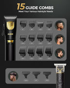 GLAKER Hair Clippers for Men,Professional Mens Hair Clippers Cordless Clippers for Hair Cutting,Precision Trimmer Kit Zero Gap Trimmer with LED Display 15 Guide Combs (Black+Gold)