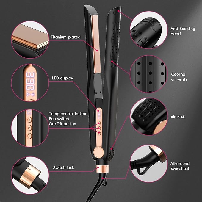SKIMI Airflow Styler, Titanium Flat Iron Hair Straightener, Professional Curling Iron with Cooling Air Vents to Lock in Style, 5 Temps & Dual Voltage, Auto Off (Black & Champagne).
