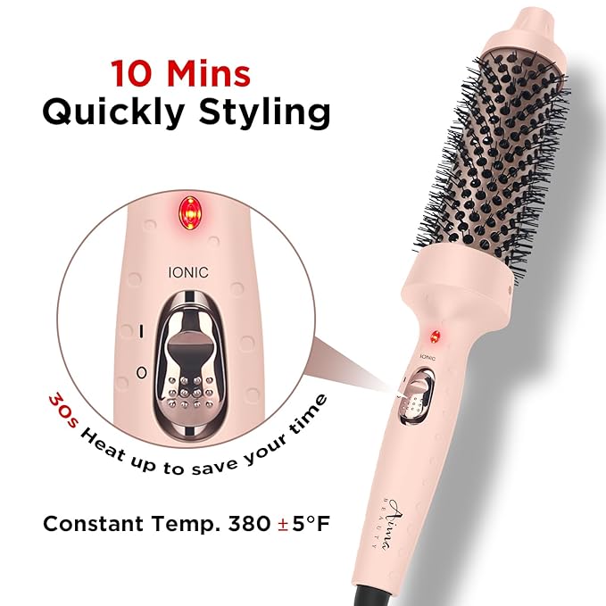 Aima Beauty Hair Curling Iron Brush, 1.5" 40mm Ceramic Hot Brush with Ion Technology for Root Volume and Quick Curls - Dual Voltage & 60Mins Auto-Off, Pink