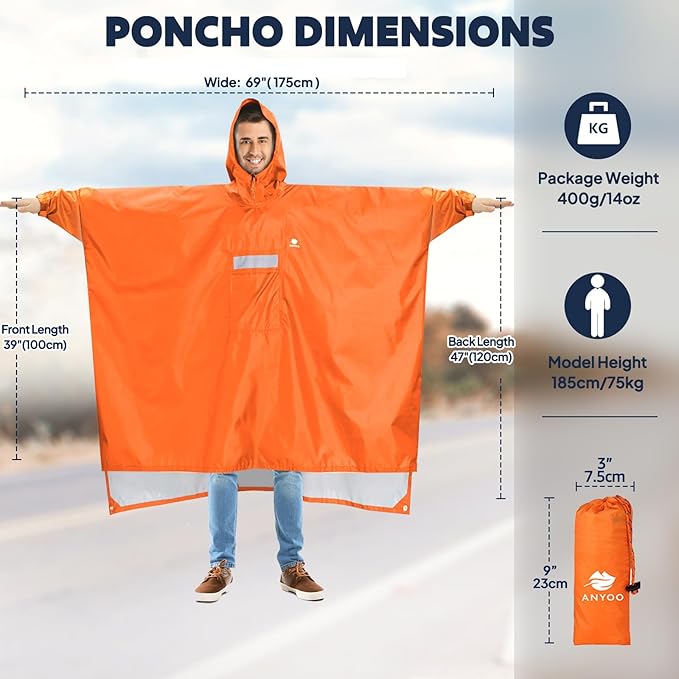 ANYOO Hooded Rain Poncho for Adults Waterproof Lightweight Rain Coat for Men - Image 2
