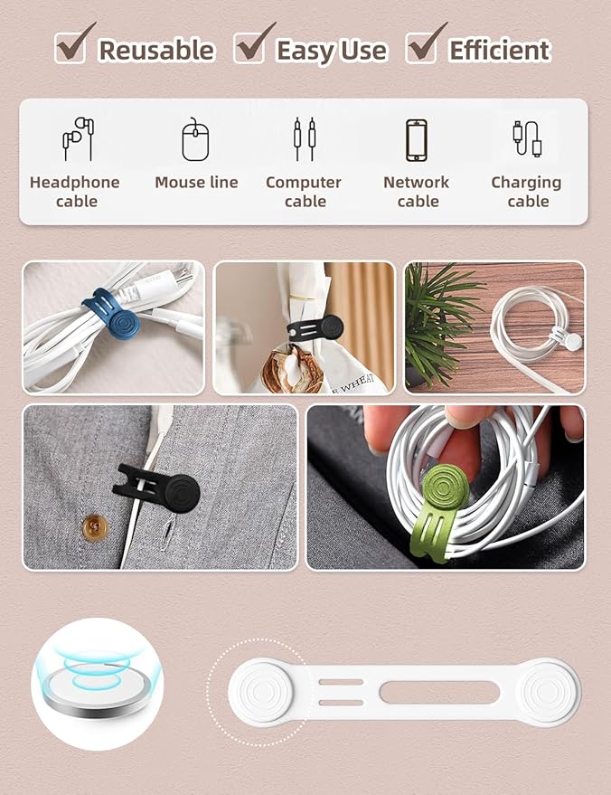 Kanemc 8-Pack Magnetic Cable Ties, Magnet Cord Wraps Reusable Silicone Cable - Image 2