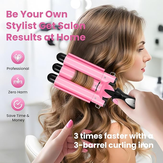 3 Barrel Curling Iron - Crimper Hair Tool 1" Ceramic Hair Crimper & Crimping Iron | Triple Barrel Hair Waver for Women Beach Waves, Dual Voltage, 2 Temp Settings