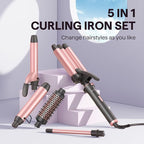 Wavytalk 5 in 1 Curling Wand Set, Dual Voltage Curling Iron Set with 5 Interchangeable Barrels Included A Thermal Brush, A Hair Crimper and 3 Ceramic Curling Wands(0.5"-1.25"), Rose Pink