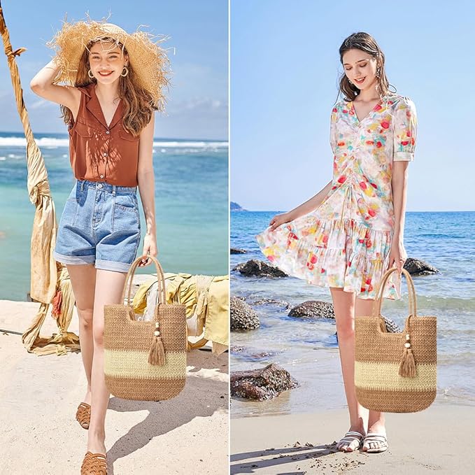 Straw Beach Bags for Women Woven Beach Tote Bag Casual Boho Large Shoulder - Image 2