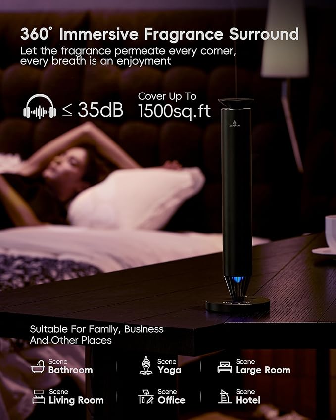 Waterless Scent Diffuser Starter Kit - 1500 Sq Ft Coverage, Alloy Atomization System,Mood Light,Smart Rechargeable Hotel Scent Diffuser, Including 120ml Essential Oil, for Home,Large Room,Spa,Black