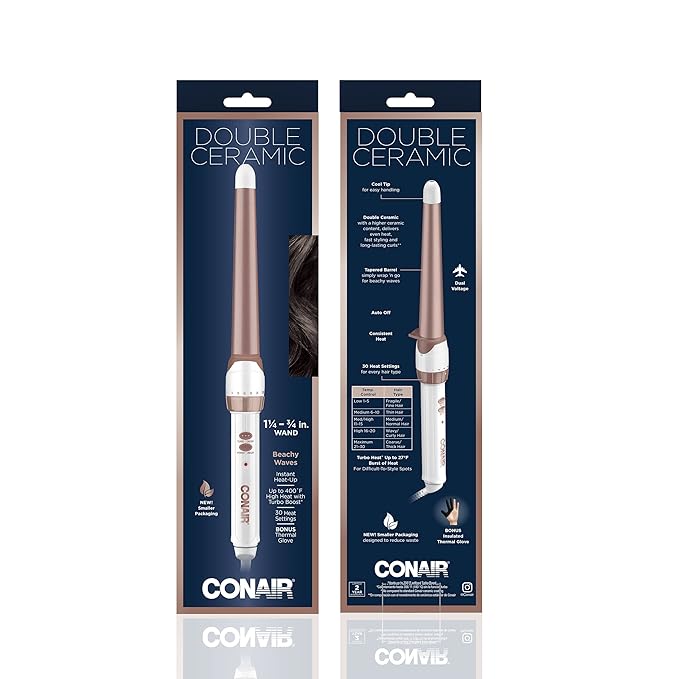 Conair Double Ceramic Tapered Curling Wand,Hair Wand Tapers 1¼ Inch to ¾ Inch to Produce Beachy Waves,30 Heat Settings,for All Hair Types and Textures,White,(Pack of 3)