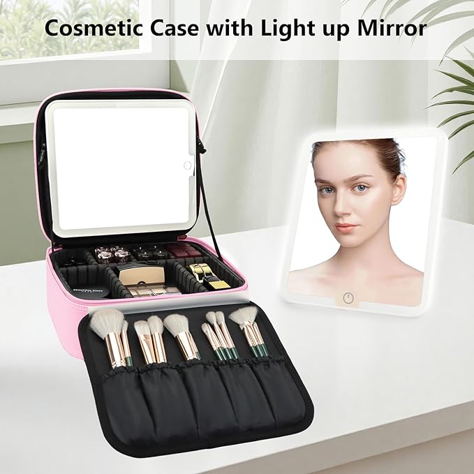 Travel Makeup Bag with LED Mirror Travel Makeup Organizer with 3 Lighted - Image 3