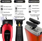 Supreme Trimmer 3-in-1 Barber Bundle | Pro Clipper, DLC T-Shaper Trimmer & Crunch Foil Shaver | Professional Beard Trimmer Men’s Hair Clipper Kit | Red