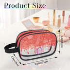 Custom Travel Clear Cosmetic Bag with Name, Personalized Large Capacity Weekend PVC Transparent Toiletry Bag Portable Bathroom Makeup Organizer, Red Curtain Glittering