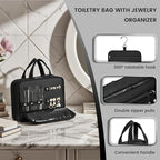 Inmorven Travel Hanging Toiletry Bag for Women, Makeup Cosmetic Bag with Jewelry Organizer, Waterproof DoppKit Set for Girls Large Capacity, Carry-on Travel Accessories Essentials - Black