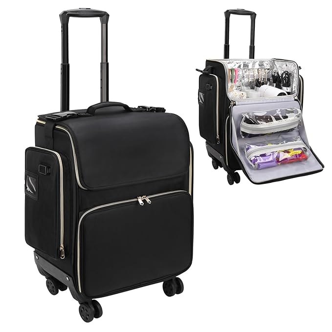 Large Makeup Train Case for Hairstylists & Hairdressers - Cosmetic Organizer with Detachable Pouch, Heat-Insulated & Anti-Scald Full Layer, Hairdressing Tool Storage Trolley with 4 360° Swivel Wheels