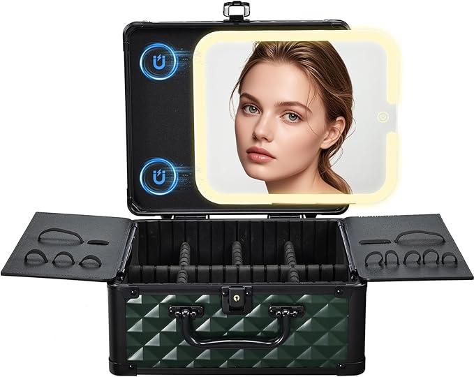 Makeup Box with Magnetic Lighted Up Mirror Makeup Organizer Box Travel Cosmetic by Faquenc