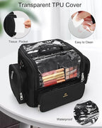 Makeup Brush Bag, Clear Makeup Brush Holder with Lid, Extra Large Capacity Travel Cosmetic Bag Makeup Artist Must Haves, Black Makeup Case, Make Up Organizers and Storage, with Adjustable Dividers