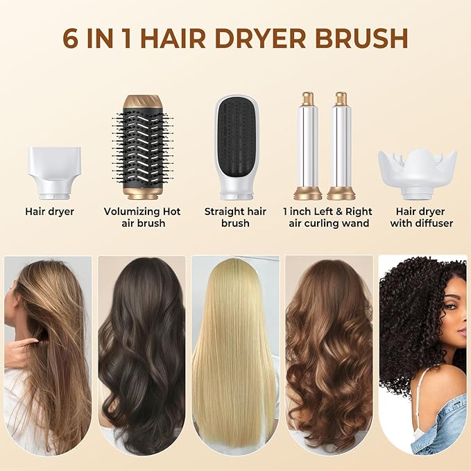 6 in 1 Hair Dryer Brush, Foldable Blow Dryer Brush with Air Styler Curler Wrap, Detachable Hot Air Brush Dry,Volumize, Straight,Curl, Negative Ion Brush Blow Dryer with Diffuser, Hair Styler Tools