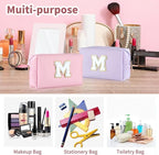 MSQ Personalized Makeup Bag Initial A-Z Patch Bag, PU Leather Cosmetic Bag Pouch Travel Toiletry Bag with Zipper, Gift Ideal for Teen Girls Friend Mom Women Birthday (Pink M)
