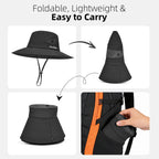 Ponytail Sun Bucket Hats for Women UV Protection Foldable Wide Brim (1 Pack-black)