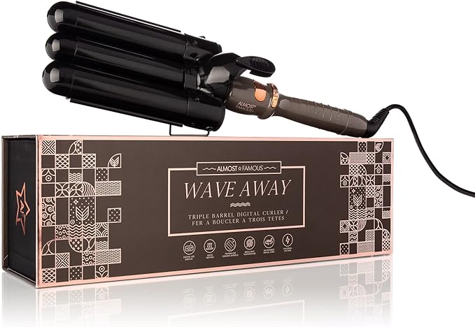 Almost Famous Wave Away Triple Barrel Clip Curling System, 3 Barrel Curling, Crimper with LCD Temp Display, Professional Beauty Tool, Temperature Adjustable (Charcoal Black)
