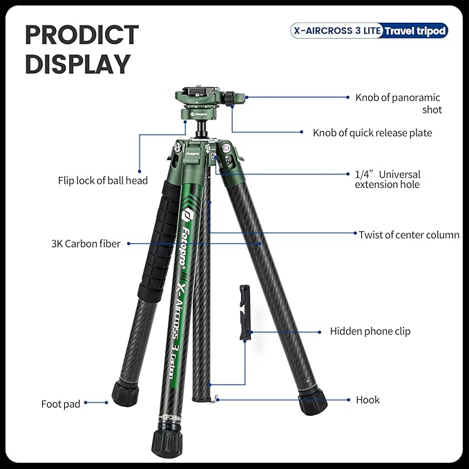 Fotopro Carbon Fiber Tripod 51 Inch 360 Degree Ball Head Quick Release Plate - Image 9