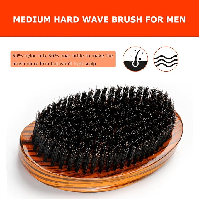 Curved Wave Brush for Men 360, Medium Hard Palm Hair Brushes with Boar Bristles for Black Hair Wavers to Creating 360 Waves (Stripes Yellow)