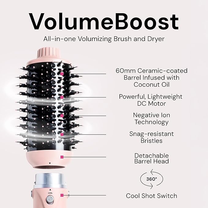 L'ANGE HAIR VolumeBoost 60mm 2-in-1 Ceramic Volumizing Brush Dryer | Fast Drying & Styling for Frizz-Free, Voluminous Blowouts | Ceramic-Coated Barrel (Blush)