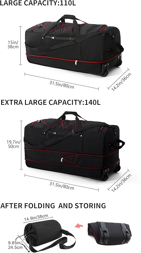 CONTAIL 32”110L Expandable 140L Rolling Duffle Bag - Image 4