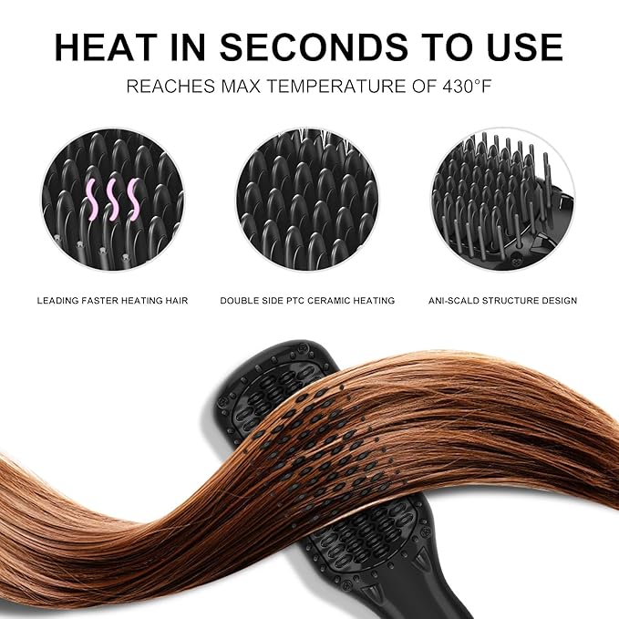 Aima Beauty Hair Straightener Brush, Enhanced 2-in-1 Straightening Brush, Advanced Ionic, Quick Heating with Anti-Scald, Black