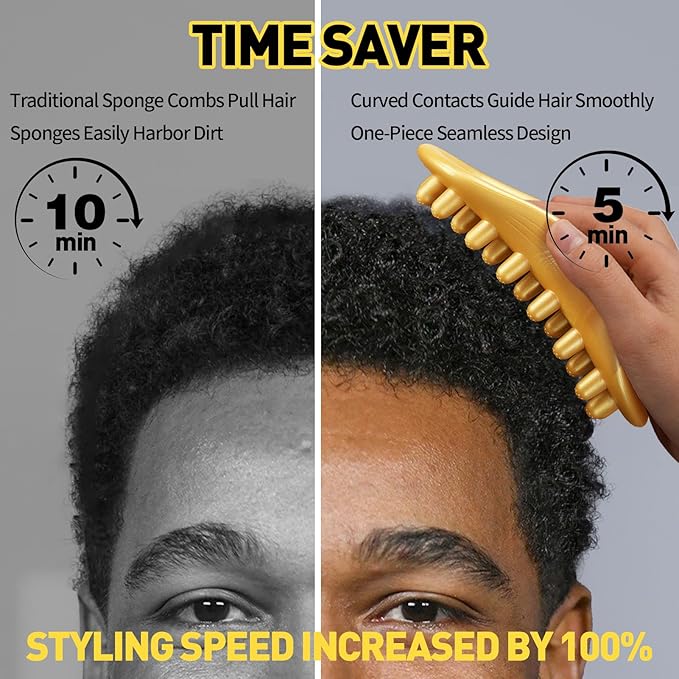 Hair Twist Sponge Brush Twist Styler Comb for Black Men - Washable Afro Curl Sponge Racket for Barbers & Daily Use, Ideal for Coiled, 4C Hair - Wave Pomade Butter Rubber Large Tooth Brush Set (Gold)