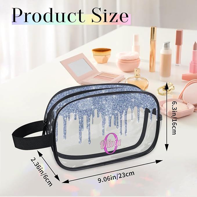 Custom Travel Clear Cosmetic Bag with Name, Personalized Large Capacity Weekend PVC Transparent Toiletry Bag Portable Bathroom Makeup Organizer, Grey Blue Water Fluid Shape Glittering