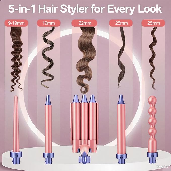Brightup PRO 5-in-1 Curling Iron Wand with LCD Display, Ceramic Hair Waiver Curler with 3 Barrels & Negative Ions for Frizz-Free, Salon-Level Waves and Curls, Tangle-Free Swivel Cord