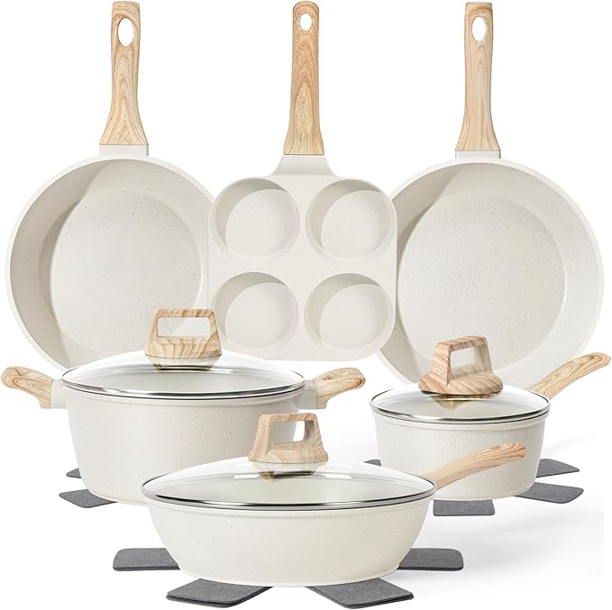 13 Pcs Pots and Pans Set, Nonstick Cookware Sets White Granite Induction by SODAY