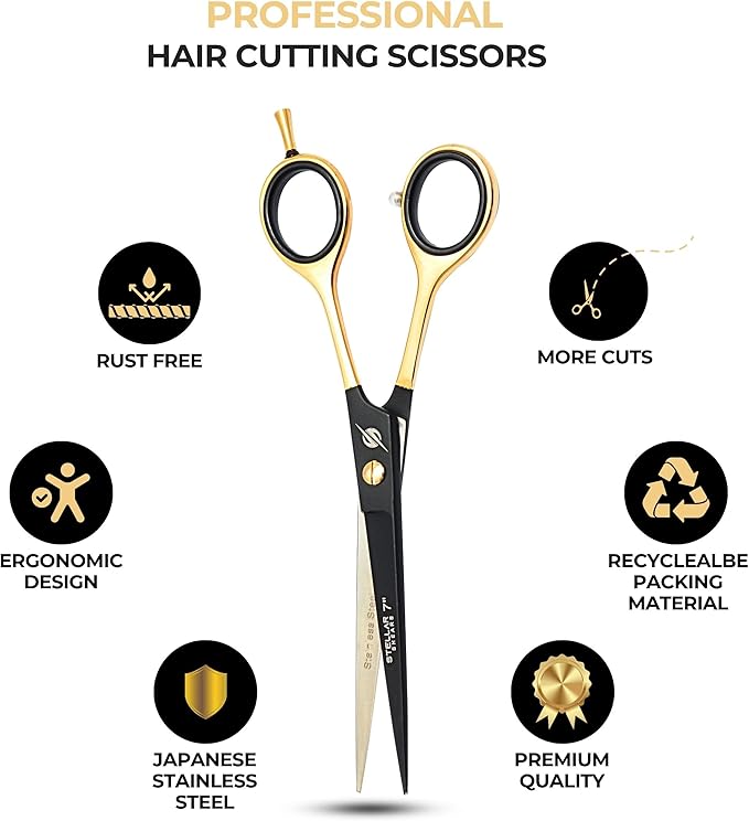 Professional Barber Hair Cutting Scissors 7.5” – Premium Japanese Stainless Steel Hair Shears with Razor Edge Blades – Salon & Home Haircut Scissors for Men, Women, Kids & Pets – Black Gold Series