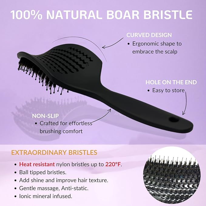 Curved Vented for Blow Drying - Boar Bristle Brush (Medium) with Comfortable Handle - Soft Bristle Brush for Thick and Fine Hair - Natural Boar Bristles for Women, Men & Kids - Black