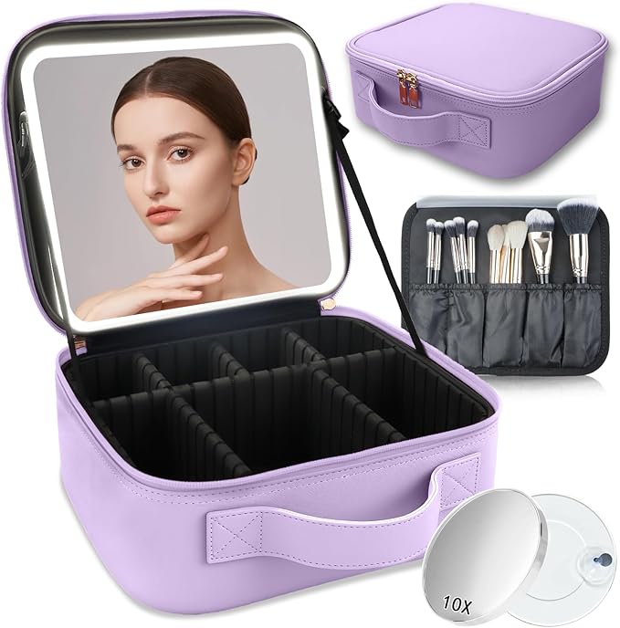 Makeup Bag with Led Mirror, Travel Makeup Organizer with 3 Color Setting & 10X by SUILU