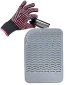 Heat Resistant Glove with Silicone Bump Mat for Curling Iron, Hair Straightener, Flat Irons - 9 x 6.5 Food Grade Mat, Grey
