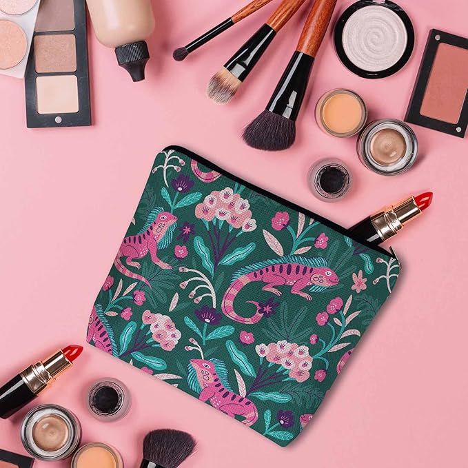 Lizard Cosmetic Travel Bag For Toiletries, Tropical Animal Floral Lizard Makeup Bag Toiletry Bags For Women, Flax Cosmetic Bags Make Up Bag Purse Toiletries Bag Birthday Gift