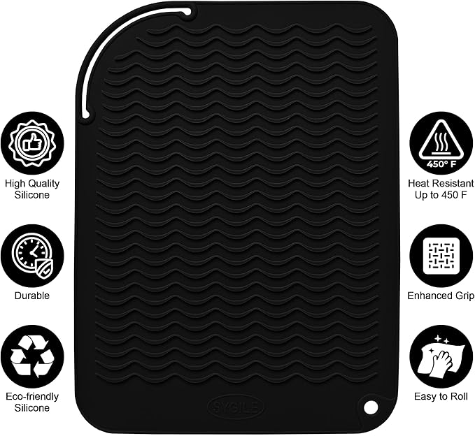 12" X 9" Large Heat Resistant Silicone Mat for Hair Styling Tools, Curling Iron Mat, Flat Iron Holder, Hair Straightener Pad, Makeup Mat, Hot Tools Mat for Travel Vanity Salon - Black
