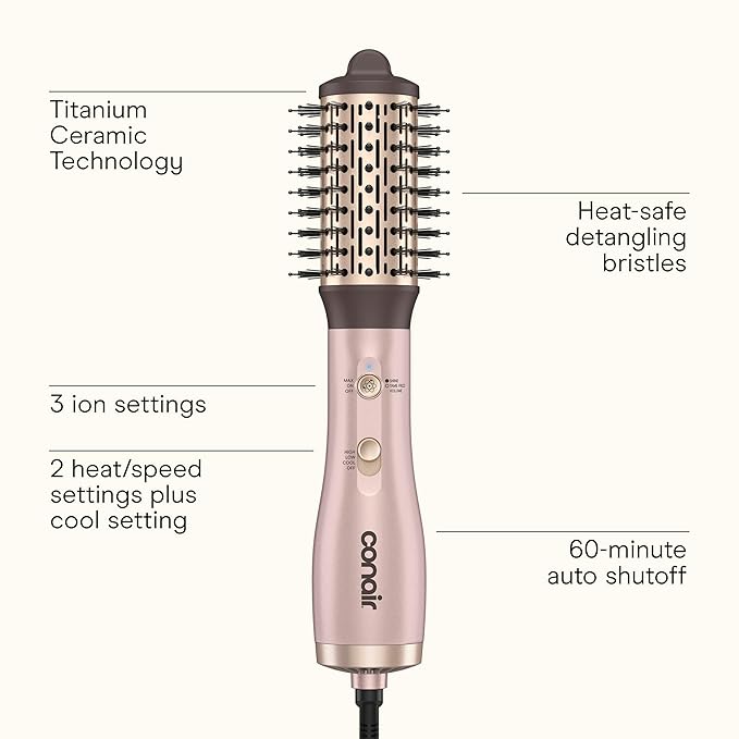 Infiniti PRO CONAIR 2" Frizz Free Round Air Brush, Hot Brush with Titanium Ceramic Technology, Ionic Control, and Detangling Bristles for Gentle Drying and Added Shine, Rose Gold