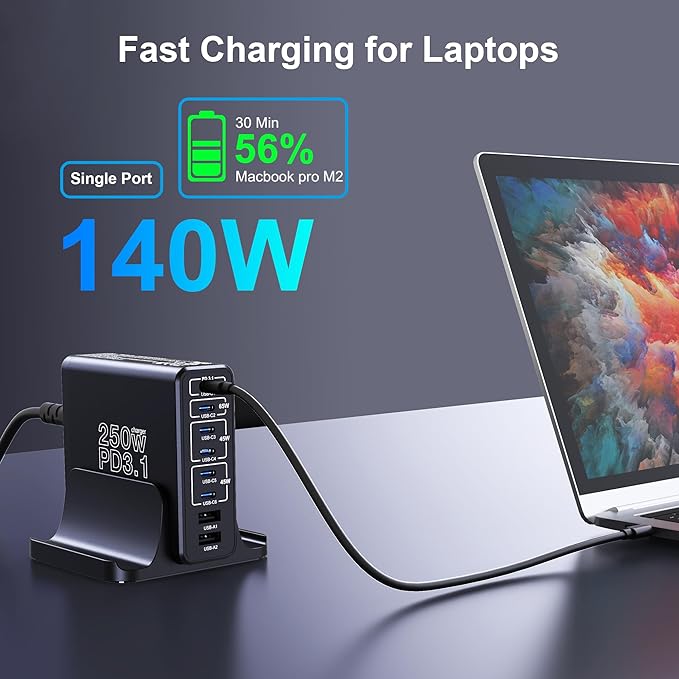 Aftertop 250W USB C Charger, 8-Ports PD3.1 140W Fast Charging Station, Compact - Image 3
