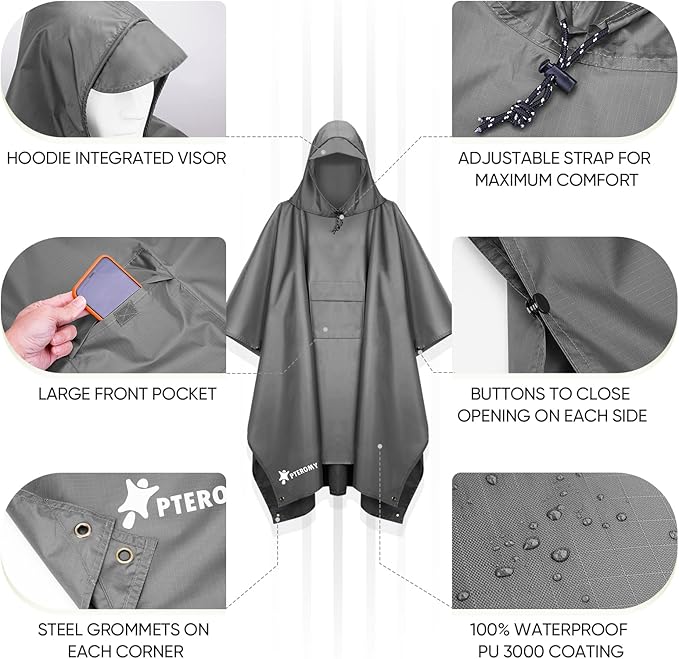 PTEROMY Hooded Rain Poncho for Adult - Image 6