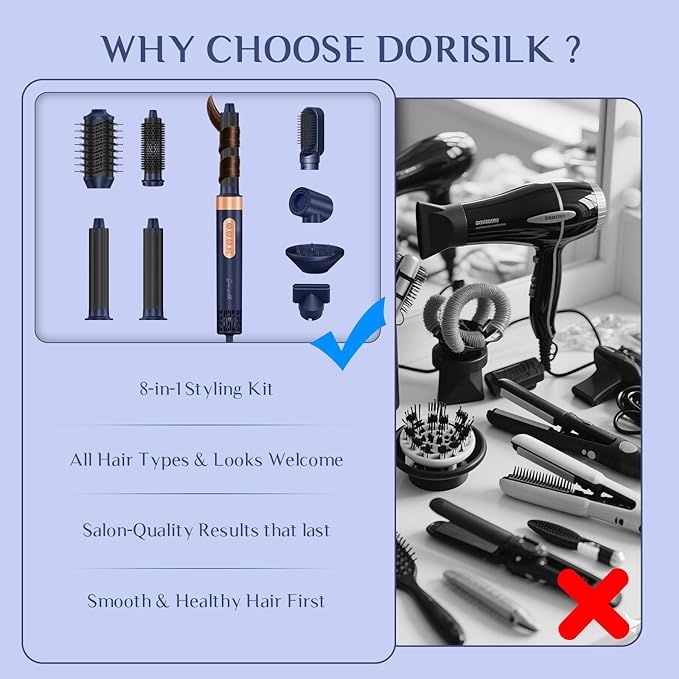 DORISILK 8 in 1 Hair Styler & Hair Dryer Brush Blow Dryer, 110,000 RPM High-Speed Hot Brush Styler and Auto Wrap Curlers, Ionic Frizz-Free for Smoothing Straightening Curling Volumizing Drying, Blue