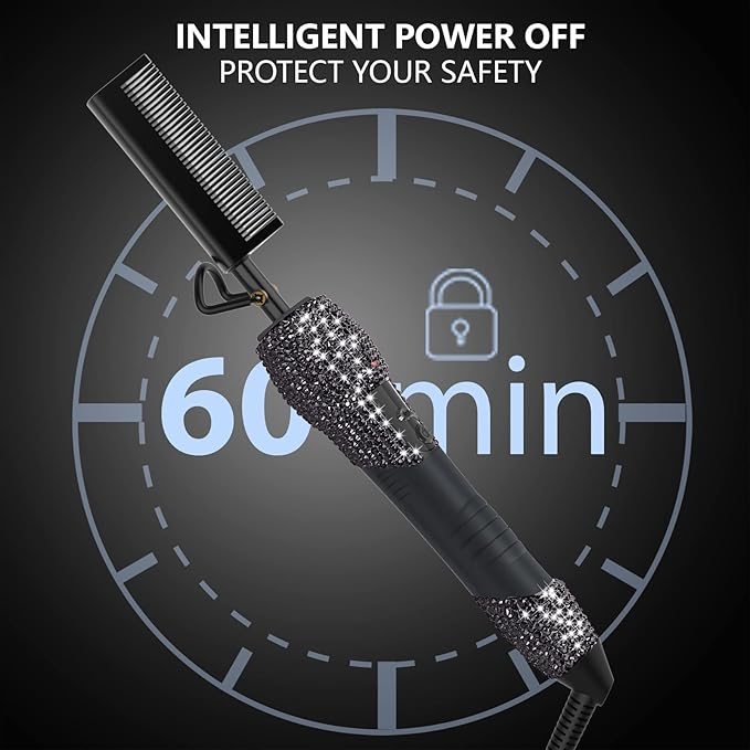 DAN Technology LCD Screen Digital Display Diamond Shaped Hot Comb, Black, 13.1 x 2.3 inches, 500 Degree Plug in Hot Comb with Adjustable Temperatures, Temperature Lock, Suitable for All Hair Types