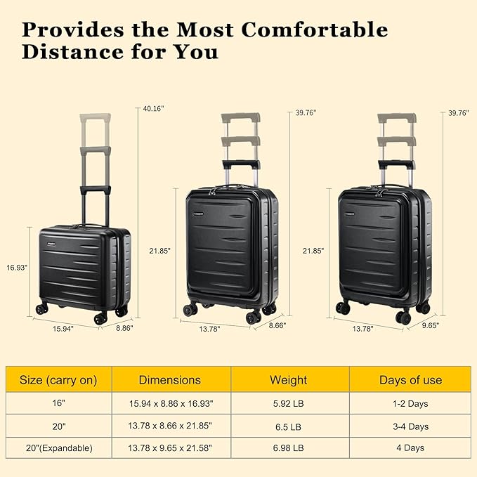 16 Inch Carry On Luggage Airline Approved, Expandable Lightweight ABS+PC Hard - Image 9