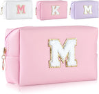 MSQ Personalized Makeup Bag Initial A-Z Patch Bag, PU Leather Cosmetic Bag Pouch Travel Toiletry Bag with Zipper, Gift Ideal for Teen Girls Friend Mom Women Birthday (Pink M)