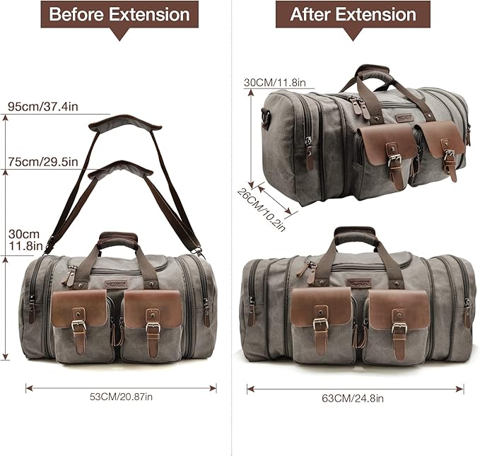 Wildroad 50L Travel Duffel Bag, Expandable Canvas Genuine Leather Duffle Bag - Image 7