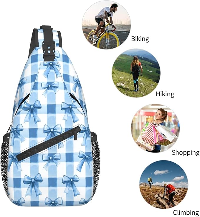 SUPLUCHOM Sling Bag Blue Bows Check Hiking Daypack Crossbody Shoulder Backpack - Image 6