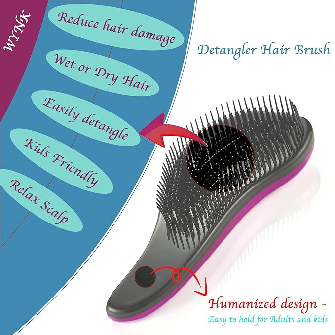 The Mini Detangling Brush, WYNK Dry and Wet Hair Brush Detangler for Traveling and Small Hands，Detangling Comb Hair Styling Tools (2 Pack Pink&Purple）