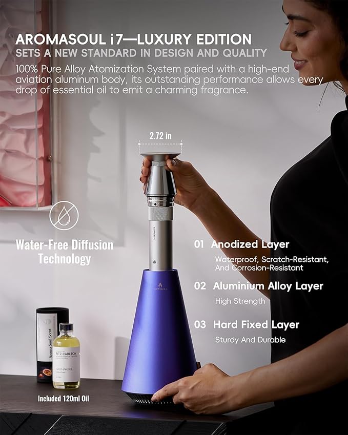 Waterless Scent Diffuser Starter Kit - 1500 Sq Ft Coverage, Alloy Atomization System,Mood Light,Smart Rechargeable Hotel Scent Diffuser, Including 120ml Essential Oil, for Home,Large Room,Spa,Blurple