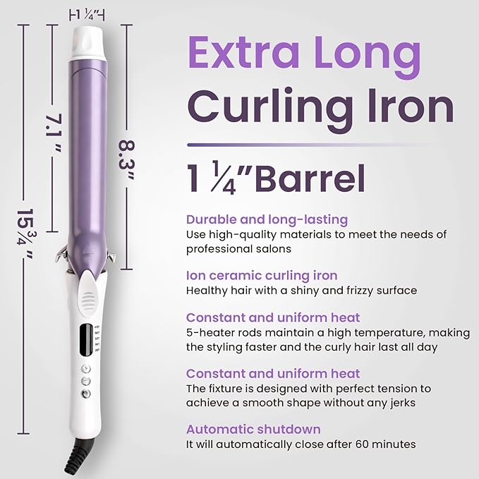 1 Inch Ceramic Curling Iron - Long Barrel Fast Heating Curling Wand, Dual Voltage 110-240V Travel,5 Adjustable Heat Settings & Automatic Shut-Off, Professional Hair Curler for Long-Lasting Curls